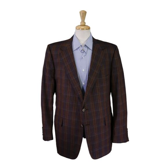 Tom James Vintage 80s Burgundy Brown Plaid Raw Silk 2-Btn Blazer Jacket 46R - Picture 1 of 9